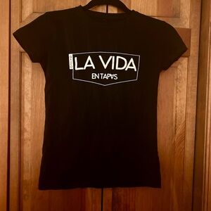 Women’s La Group La Vida en Tapas Approx Sz S White & Black Graphic T-Shirt